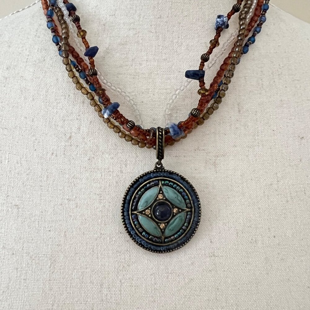 Avon Boho Gypsy Beaded Multi Strand Choker Necklace w Enamel Medallion Pendant